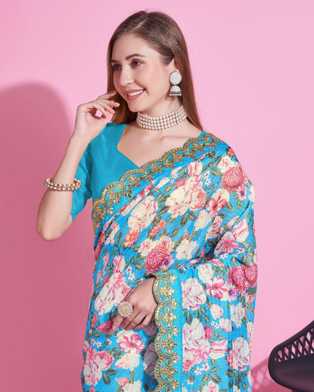 Teeya Creation Sky Blue Color Vichitra Silk Digital Print With Embroidery Work Saree | Grocsy