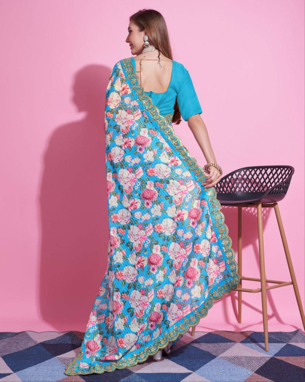 Teeya Creation Sky Blue Color Vichitra Silk Digital Print With Embroidery Work Saree | Grocsy