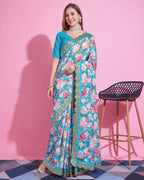 Teeya Creation Sky Blue Color Vichitra Silk Digital Print With Embroidery Work Saree | Grocsy