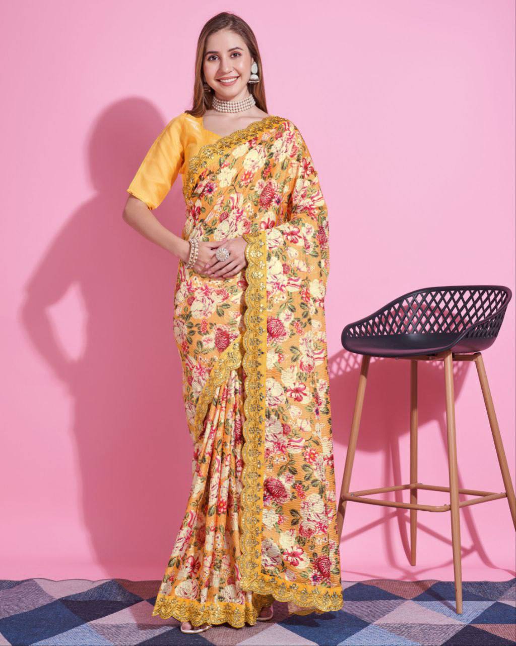 Teeya Creation Yellow Color Vichitra Silk Digital Print With Embroidery Work Saree | Grocsy