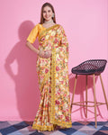 Teeya Creation Yellow Color Vichitra Silk Digital Print With Embroidery Work Saree | Grocsy