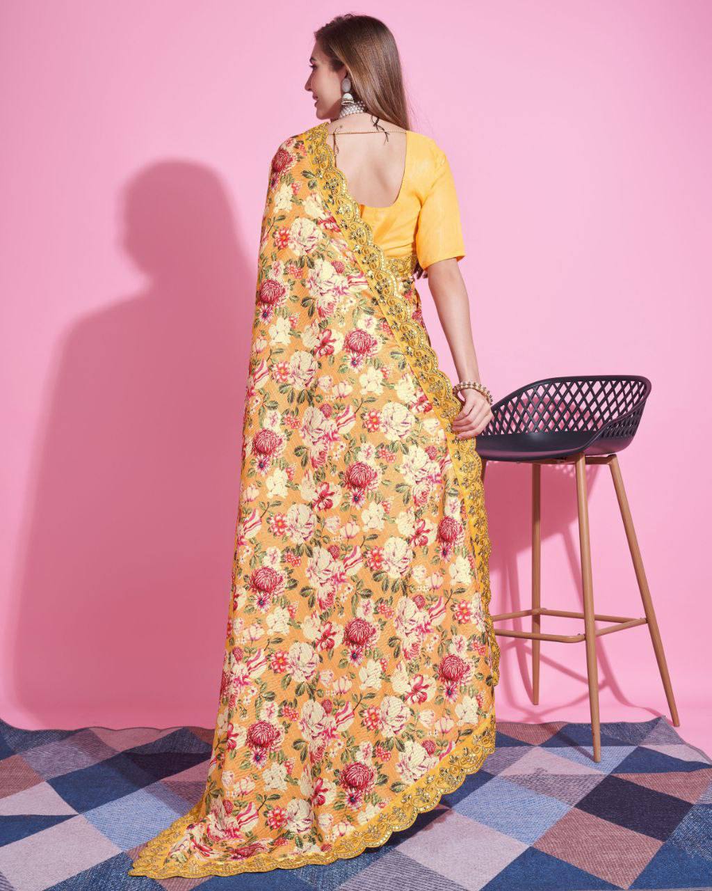 Teeya Creation Yellow Color Vichitra Silk Digital Print With Embroidery Work Saree | Grocsy