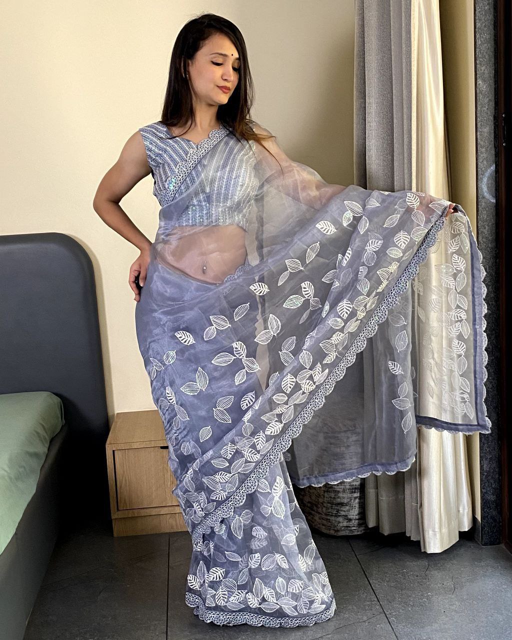 Teeya Creation Light lavender Color organza silk embroidery work saree | Grocsy