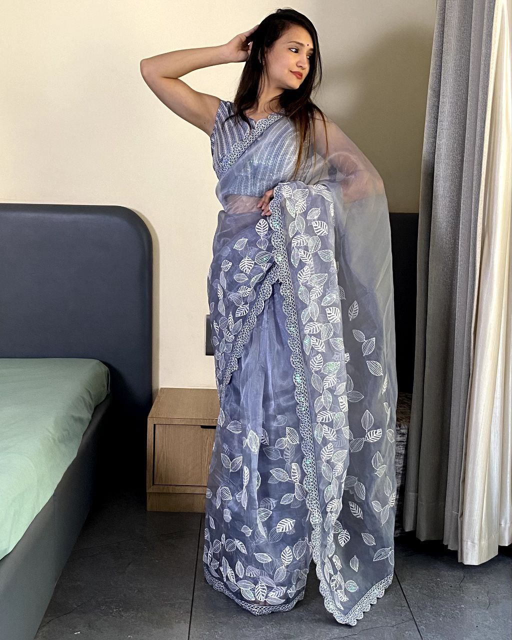 Teeya Creation Light lavender Color organza silk embroidery work saree | Grocsy