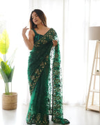 Teeya Creation Green Color Butterfly Net Heavy Zari Work Ston And Mirror Work Saree | Grocsy
