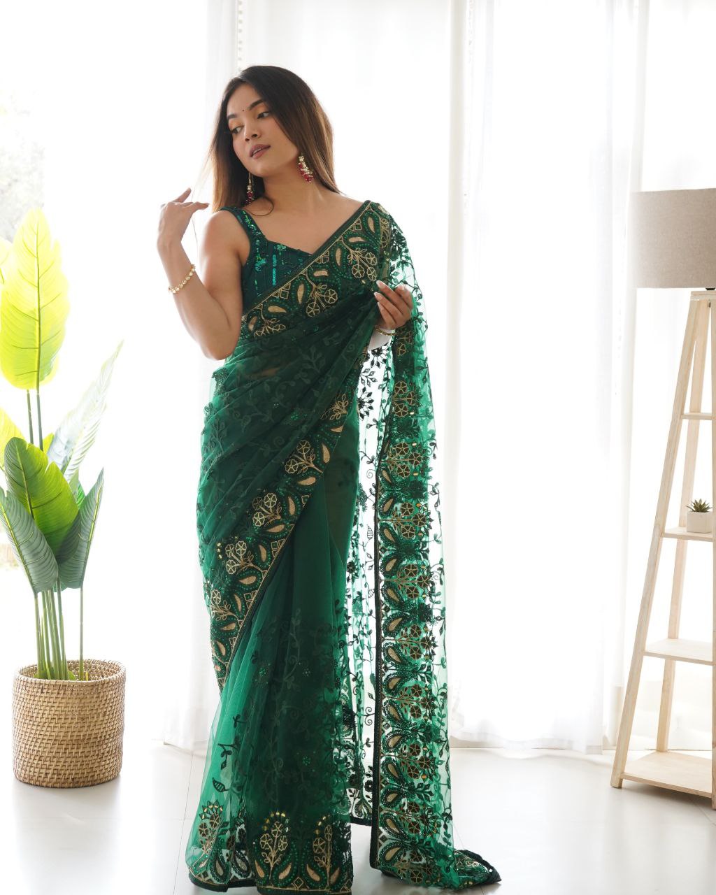 Teeya Creation Green Color Butterfly Net Heavy Zari Work Ston And Mirror Work Saree | Grocsy