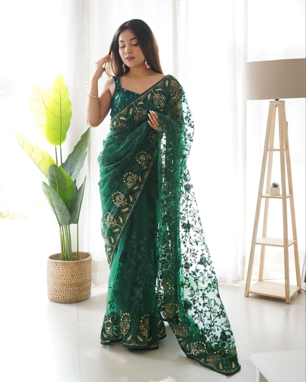 Teeya Creation Green Color Butterfly Net Heavy Zari Work Ston And Mirror Work Saree | Grocsy
