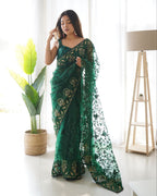 Teeya Creation Green Color Butterfly Net Heavy Zari Work Ston And Mirror Work Saree | Grocsy