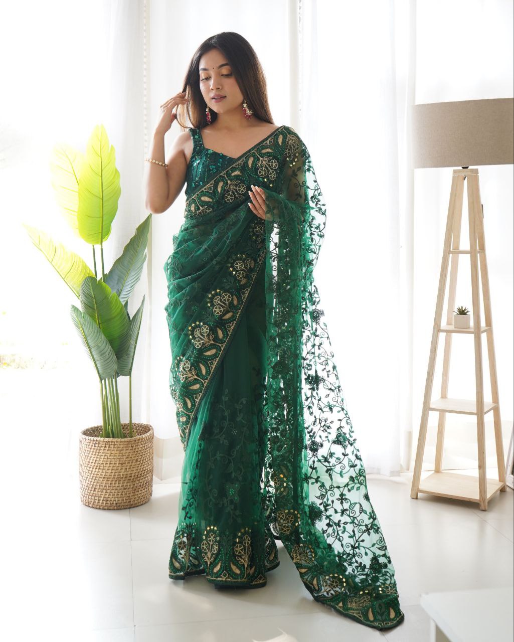 Teeya Creation Green Color Butterfly Net Heavy Zari Work Ston And Mirror Work Saree | Grocsy