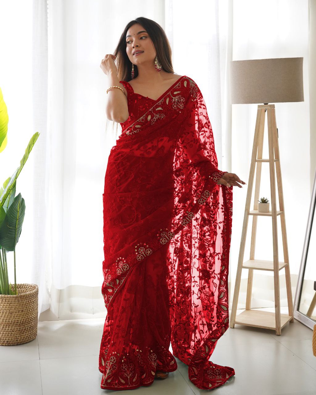 Teeya Creation Red Color Butterfly Net Heavy Zari Work Ston And Mirror Work Saree | Grocsy