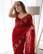 Teeya Creation Red Color Butterfly Net Heavy Zari Work Ston And Mirror Work Saree | Grocsy