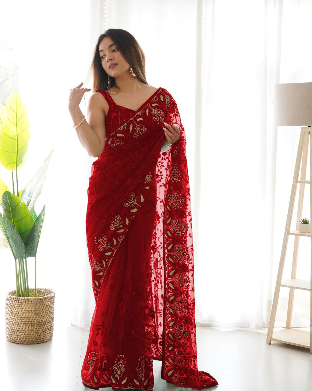 Teeya Creation Red Color Butterfly Net Heavy Zari Work Ston And Mirror Work Saree | Grocsy