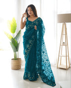 Teeya Creation Sky Color Butterfly Net Heavy Zari Work Ston And Mirror Work Saree | Grocsy