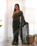 Teeya Creation Green Color Simar Blooming Emrblodiery Sequence Work Saree | Grocsy