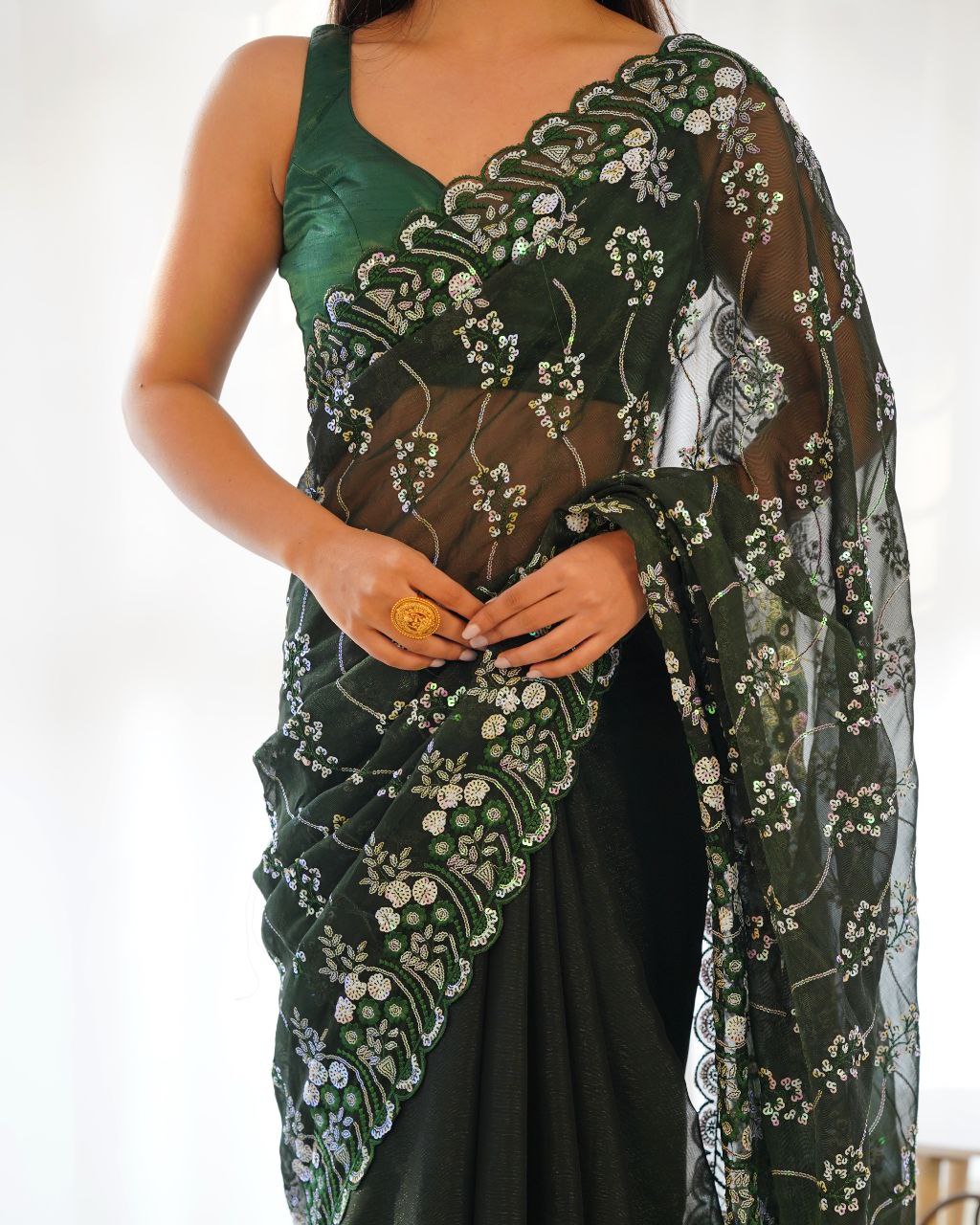 Teeya Creation Green Color Simar Blooming Emrblodiery Sequence Work Saree | Grocsy