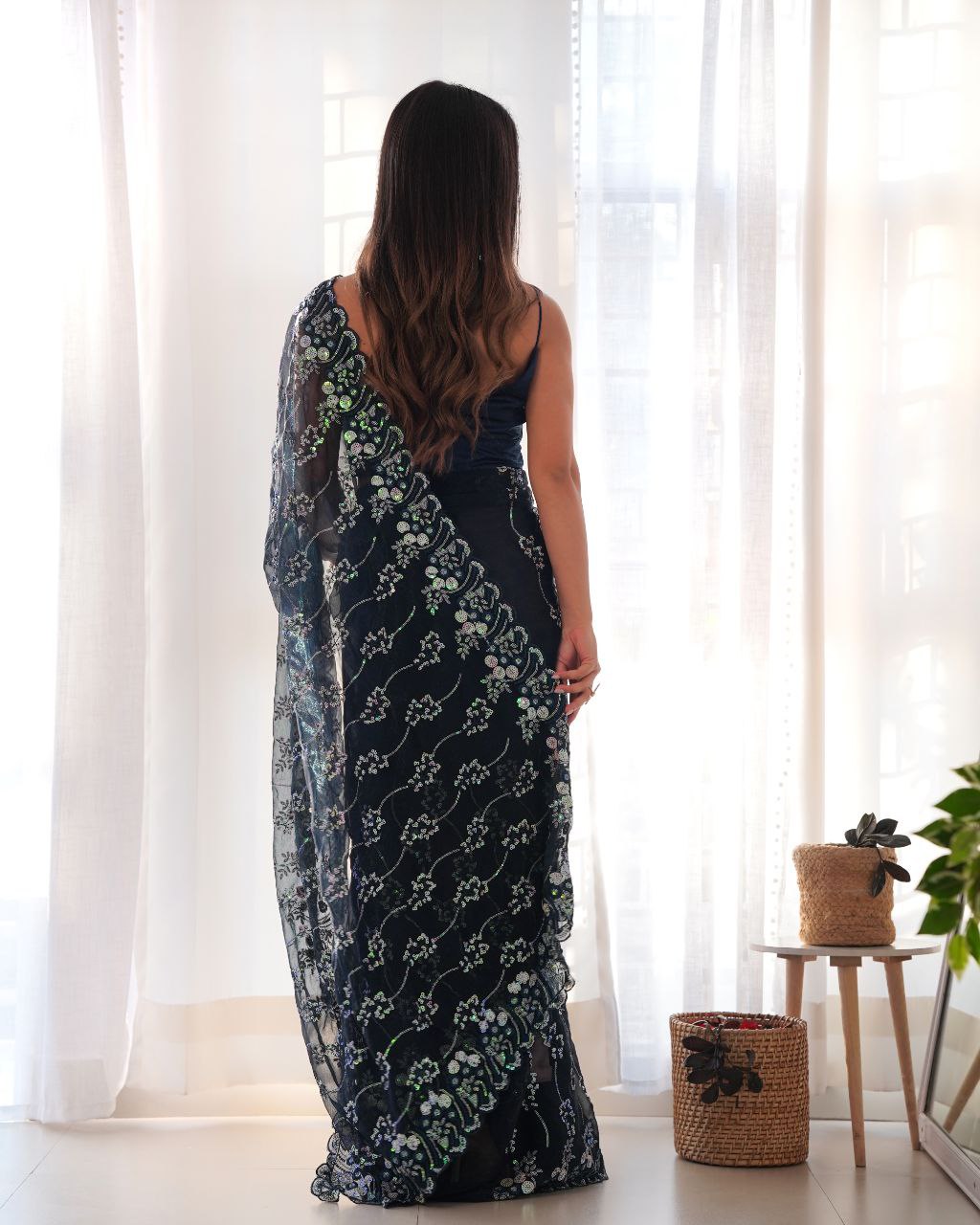 Teeya Creation Navy Blue Color Simar Blooming Emrblodiery Sequence Work Saree | Grocsy