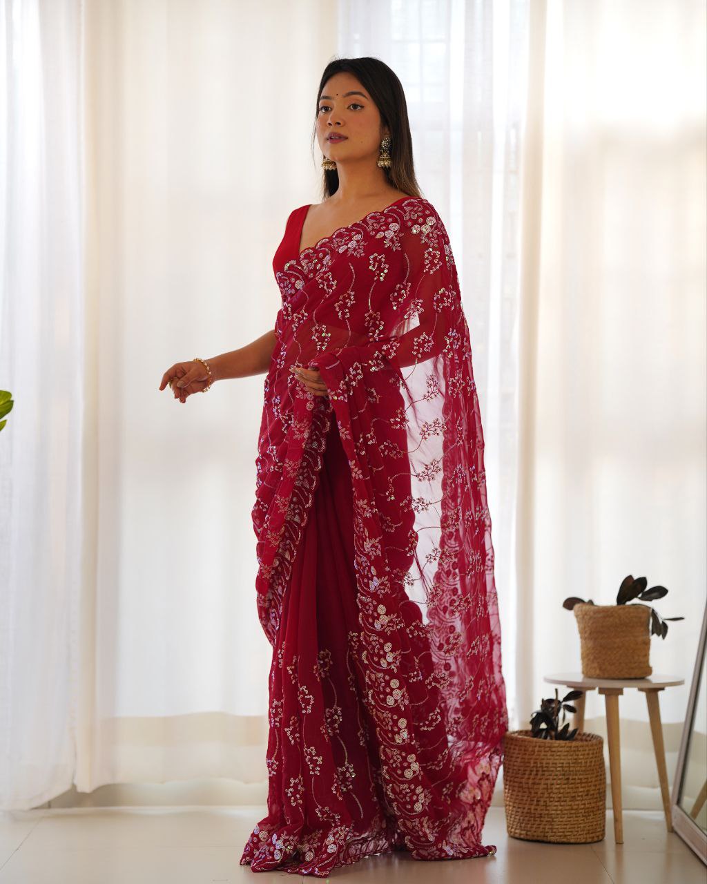 Teeya Creation Red Color Simar Blooming Emrblodiery Sequence Work Saree | Grocsy
