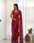 Teeya Creation Red Color Simar Blooming Emrblodiery Sequence Work Saree | Grocsy