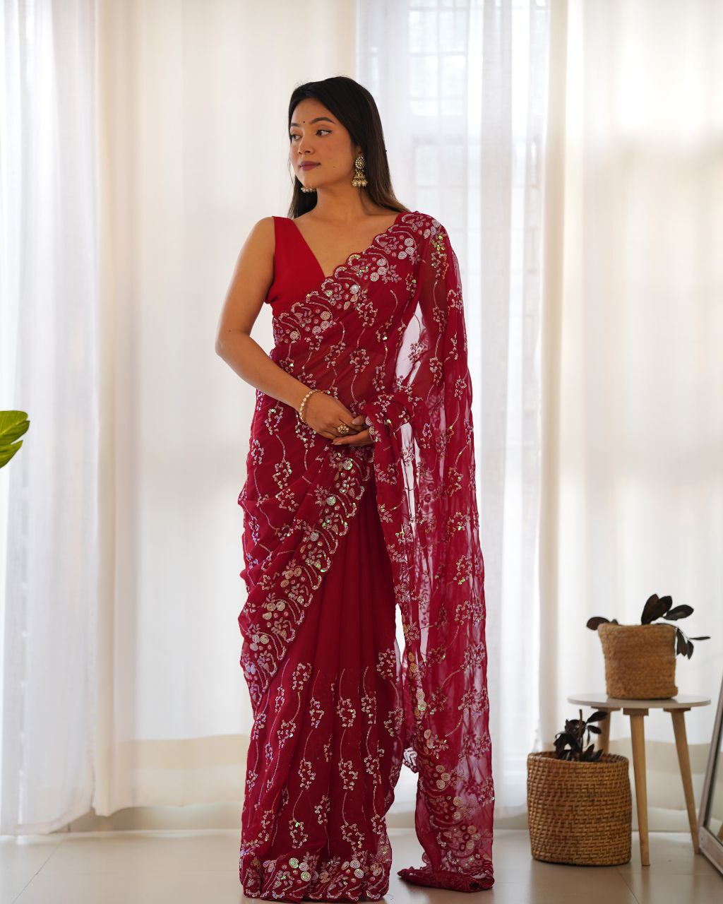 Teeya Creation Red Color Simar Blooming Emrblodiery Sequence Work Saree | Grocsy