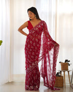 Teeya Creation Red Color Simar Blooming Emrblodiery Sequence Work Saree | Grocsy