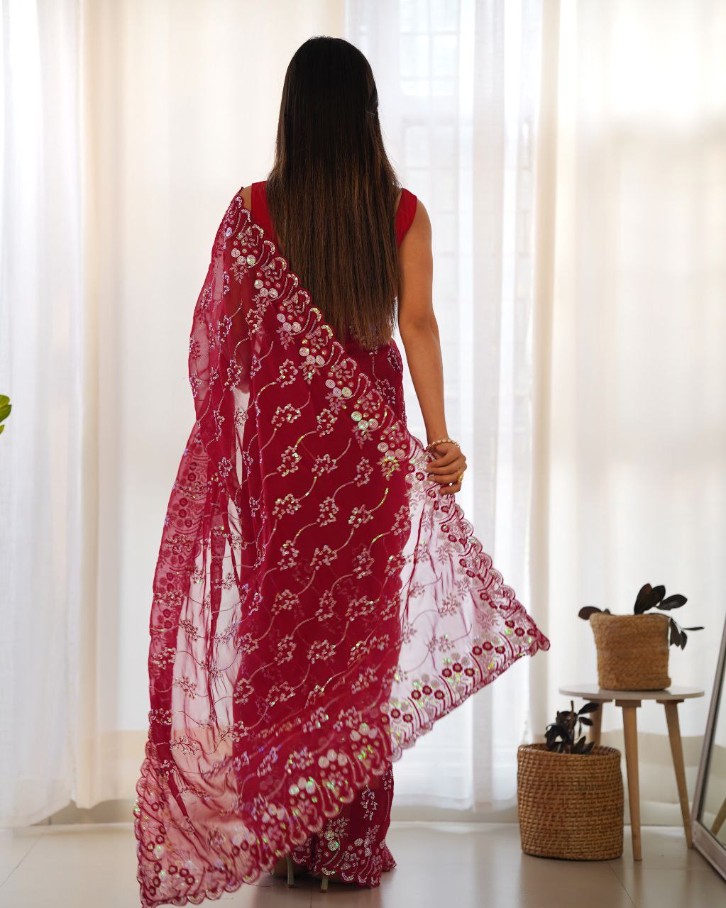 Teeya Creation Red Color Simar Blooming Emrblodiery Sequence Work Saree | Grocsy