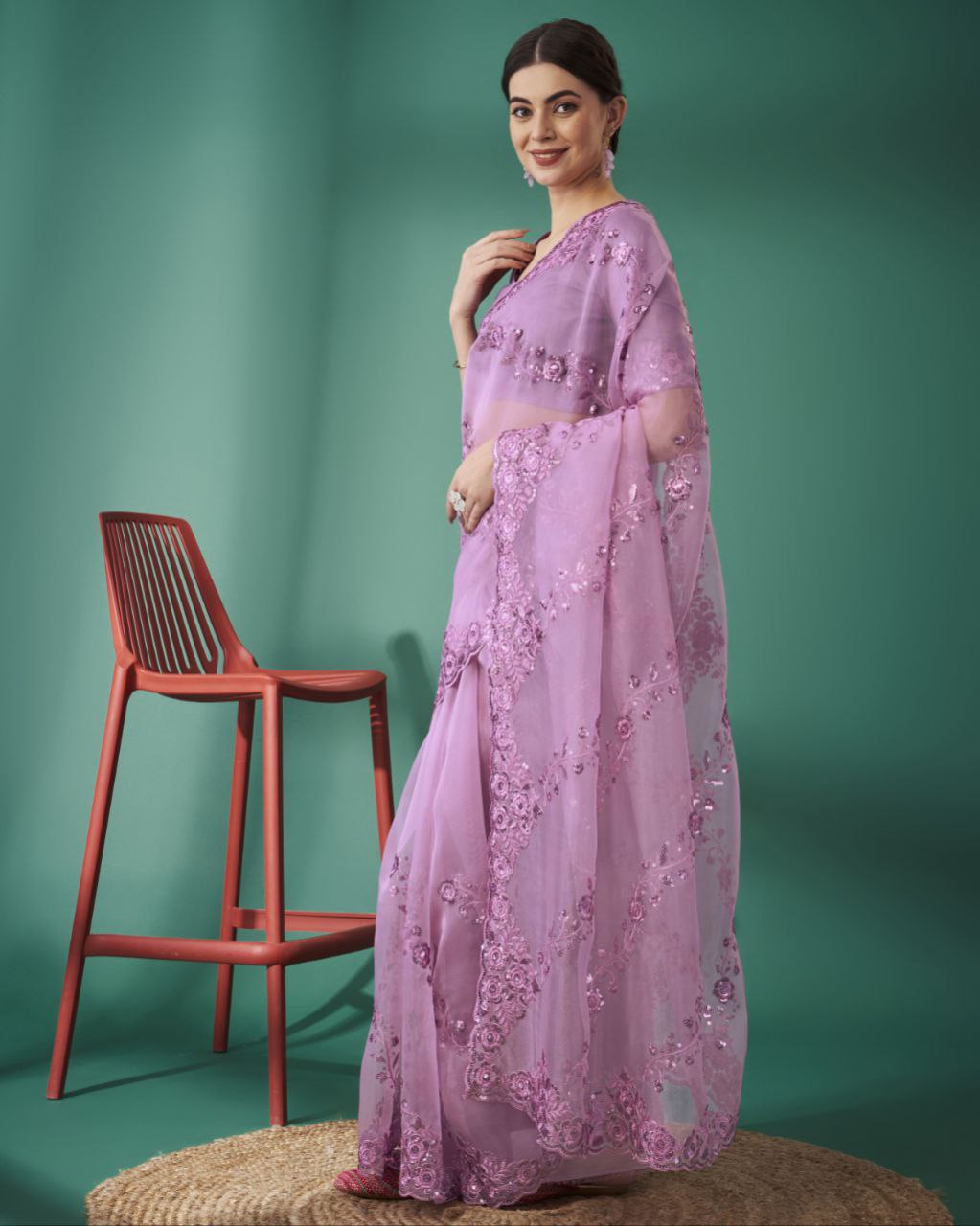 Teeya Creation Pink Color Organza Silk Heavy Sequence And Embroidery Work Saree | Grocsy