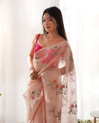 Teeya Creation Peach Color Khadi Organza Silk Embroidery Work Saree | Grocsy