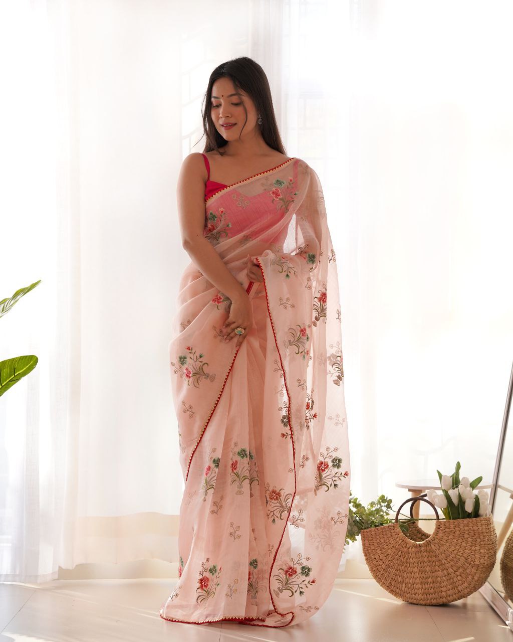 Teeya Creation Peach Color Khadi Organza Silk Embroidery Work Saree | Grocsy