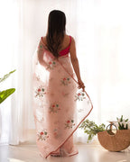 Teeya Creation Peach Color Khadi Organza Silk Embroidery Work Saree | Grocsy