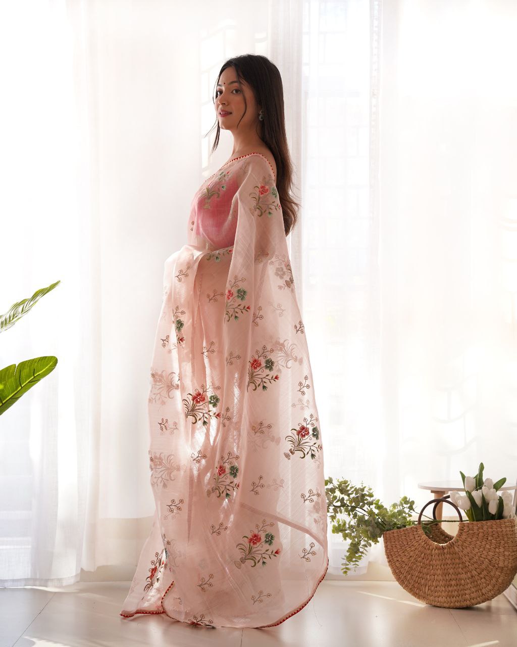 Teeya Creation Peach Color Khadi Organza Silk Embroidery Work Saree | Grocsy
