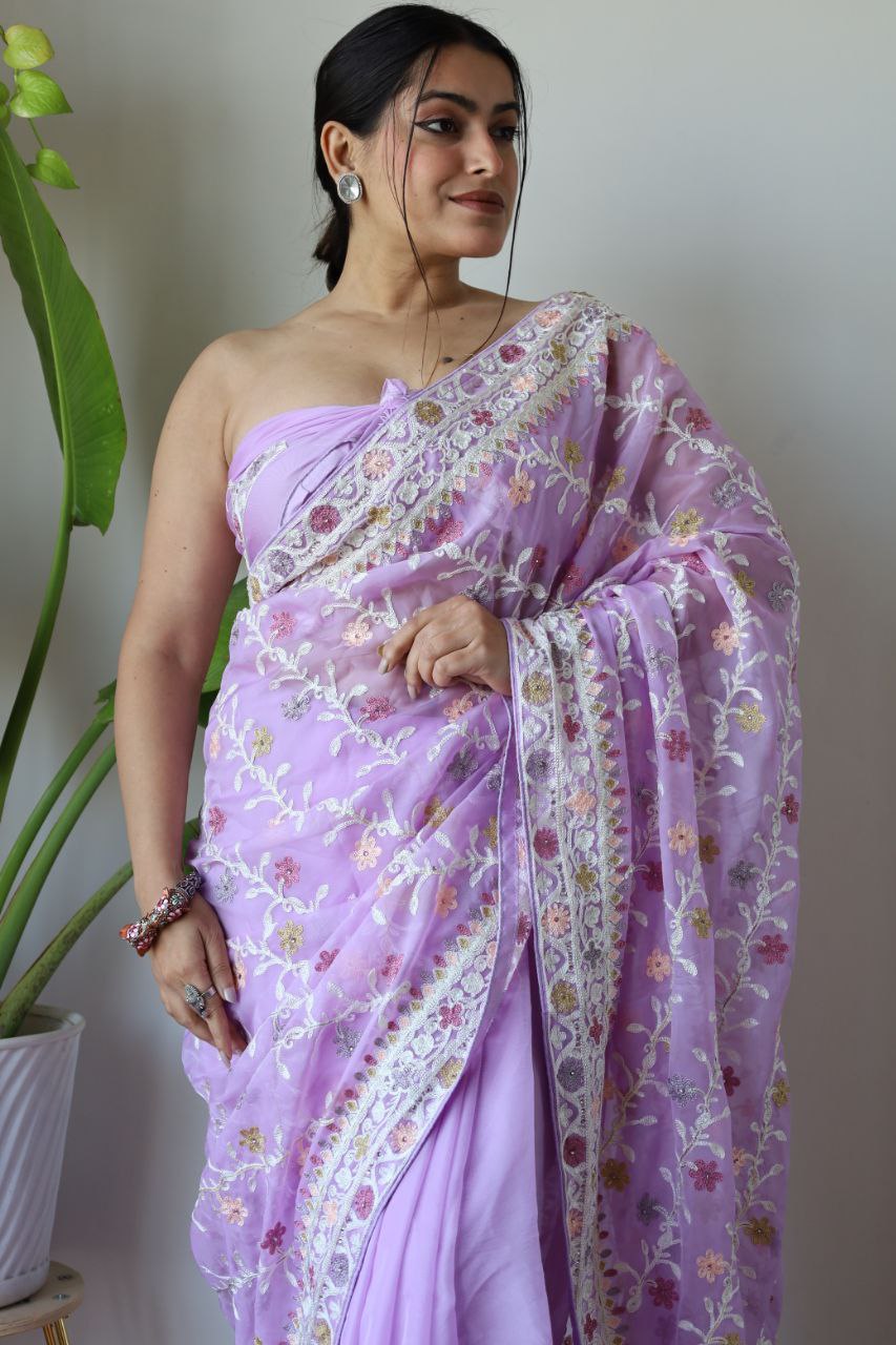 Teeya Creation Lavender Color Butterfly Net Heavy Embroidery Work Saree | Grocsy