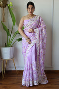Teeya Creation Lavender Color Butterfly Net Heavy Embroidery Work Saree | Grocsy