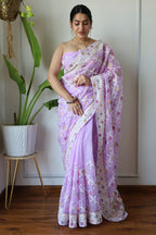 Teeya Creation Lavender Color Butterfly Net Heavy Embroidery Work Saree | Grocsy