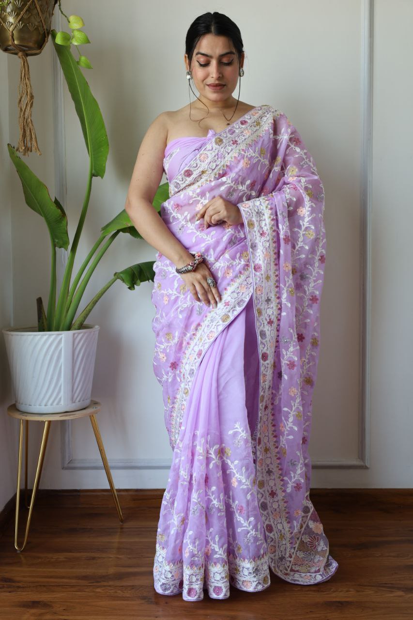 Teeya Creation Lavender Color Butterfly Net Heavy Embroidery Work Saree | Grocsy