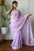 Teeya Creation Lavender Color Butterfly Net Heavy Embroidery Work Saree | Grocsy