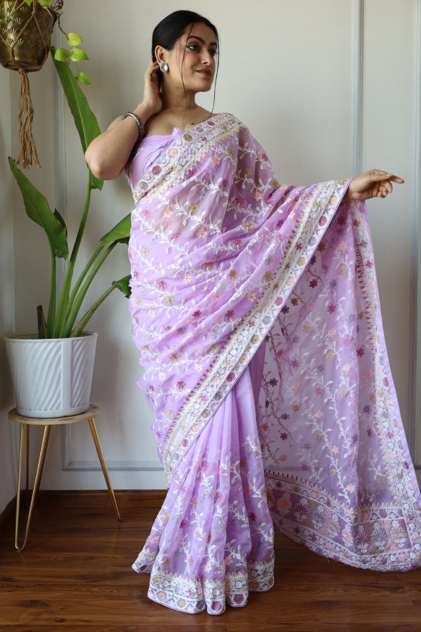 Teeya Creation Lavender Color Butterfly Net Heavy Embroidery Work Saree | Grocsy