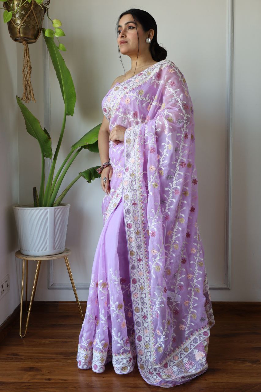 Teeya Creation Lavender Color Butterfly Net Heavy Embroidery Work Saree | Grocsy