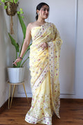 Teeya Creation Lemon Yellow Color Butterfly Net Heavy Embroidery Work Saree | Grocsy