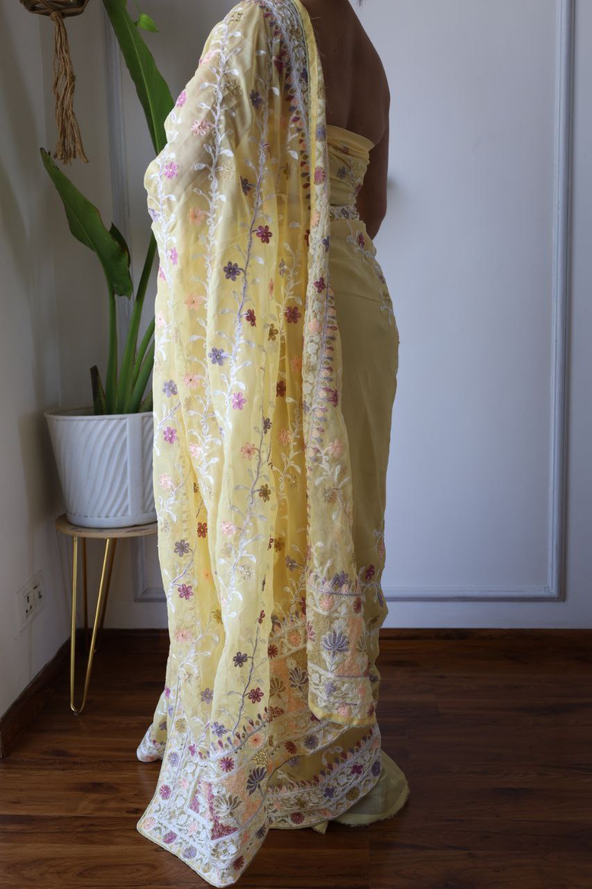 Teeya Creation Lemon Yellow Color Butterfly Net Heavy Embroidery Work Saree | Grocsy