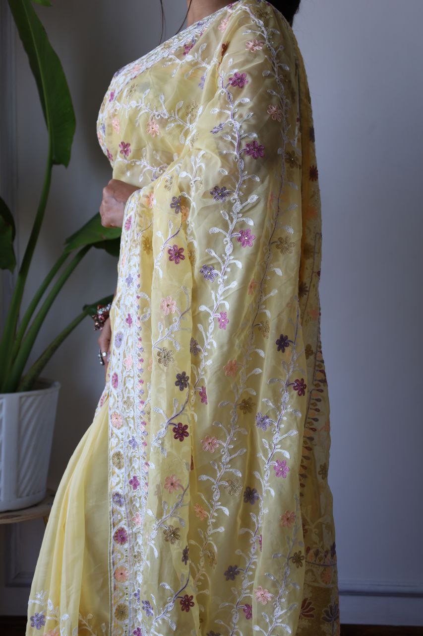 Teeya Creation Lemon Yellow Color Butterfly Net Heavy Embroidery Work Saree | Grocsy