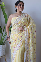 Teeya Creation Lemon Yellow Color Butterfly Net Heavy Embroidery Work Saree | Grocsy