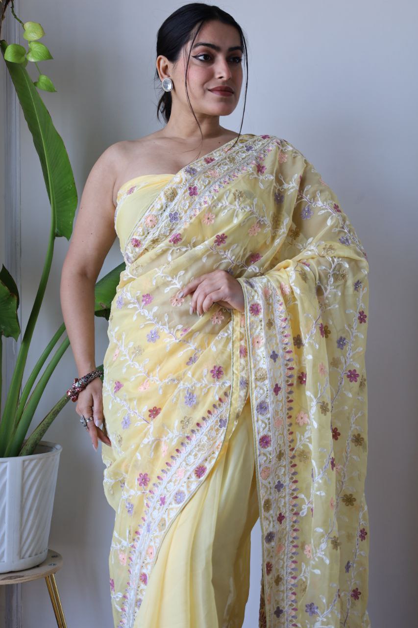 Teeya Creation Lemon Yellow Color Butterfly Net Heavy Embroidery Work Saree | Grocsy