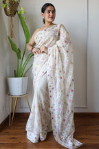 Teeya Creation Off White Color Butterfly Net Heavy Embroidery Work Saree | Grocsy