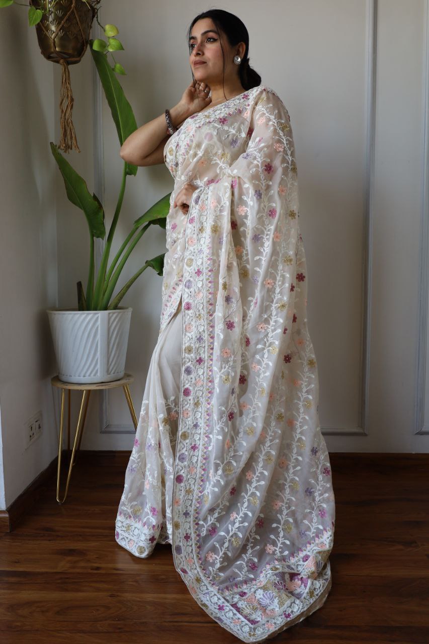 Teeya Creation Off White Color Butterfly Net Heavy Embroidery Work Saree | Grocsy