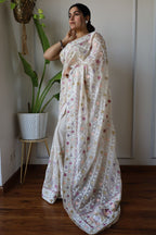Teeya Creation Off White Color Butterfly Net Heavy Embroidery Work Saree | Grocsy