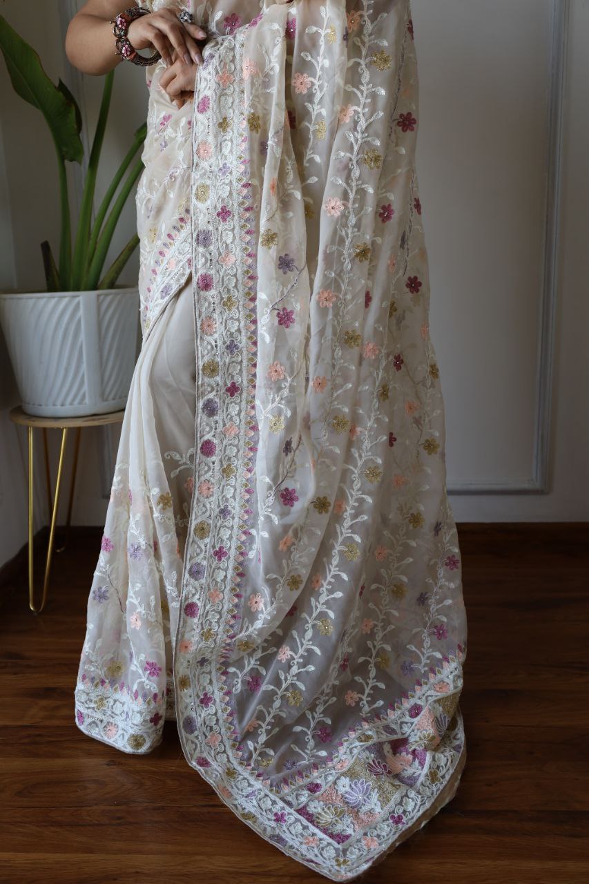 Teeya Creation Off White Color Butterfly Net Heavy Embroidery Work Saree | Grocsy