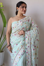 Teeya Creation Sky Color Butterfly Net Heavy Embroidery Work Saree | Grocsy
