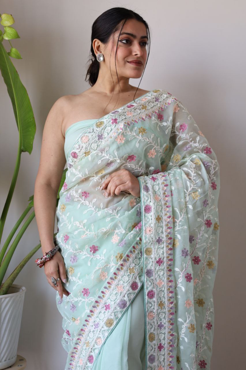 Teeya Creation Sky Color Butterfly Net Heavy Embroidery Work Saree | Grocsy