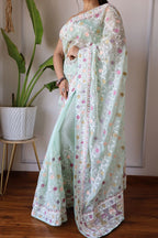 Teeya Creation Sky Color Butterfly Net Heavy Embroidery Work Saree | Grocsy