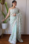 Teeya Creation Sky Color Butterfly Net Heavy Embroidery Work Saree | Grocsy
